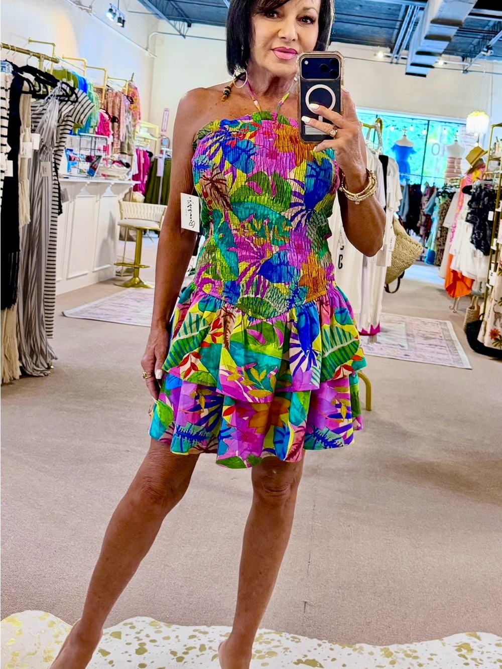 Dress Forum Multicolor Tropical Smocked Strapless Mini Dress